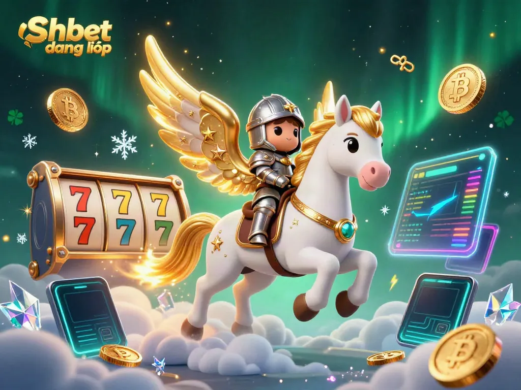 Experience the excitement of Shbet đăng nhập with a fun 3D scene featuring a celestial knight and casino elements.