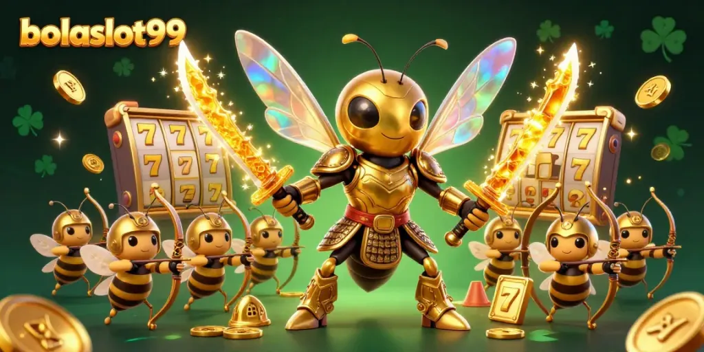 Bolaslot99 showcases a vibrant 3D casino scene with a hornet and bee archers amid slot reels and jackpot elements.
