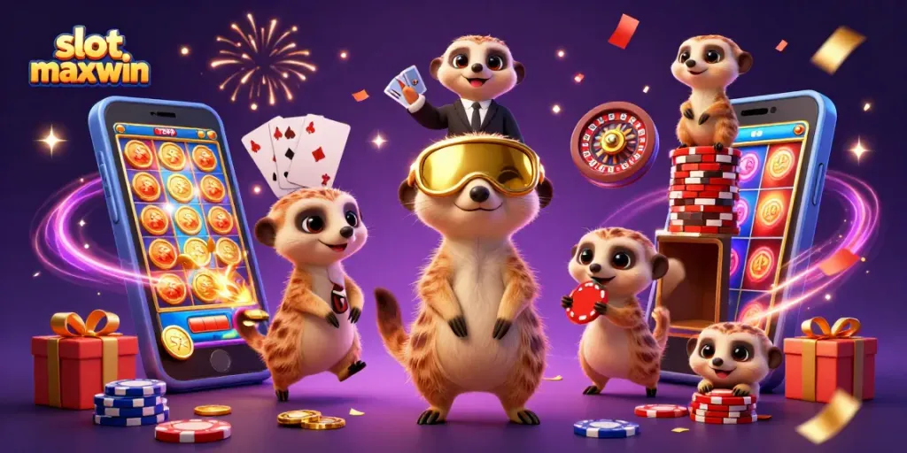 Experience thrilling victories with slot maxwin as meerkats run a bustling casino adventure.