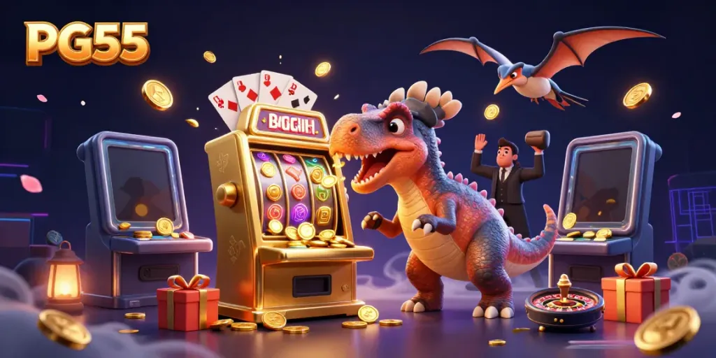 Engaging PG55 casino scene with dinosaurs and vibrant slot machine action.