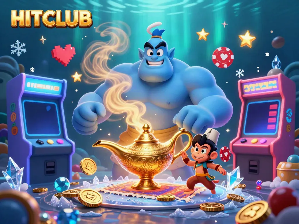 Engage with HITCLUB's magical casino experience through a vibrant 3D illustration featuring a genie, monkey, and poker chips.