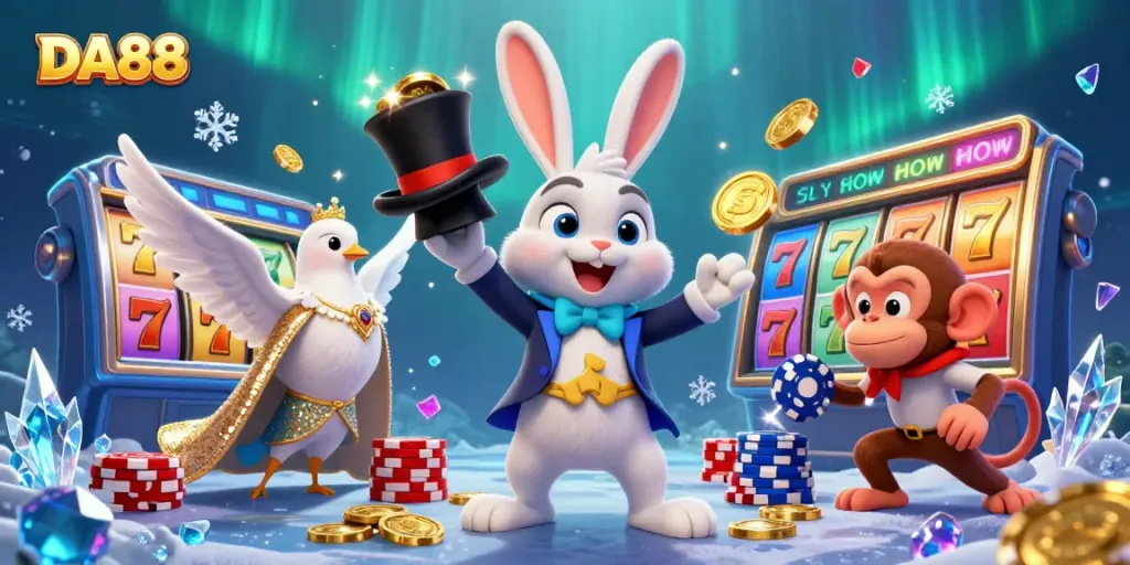 Play thrilling slots at DA88 with a magician rabbit, dove, and monkey amidst coins and jackpots.