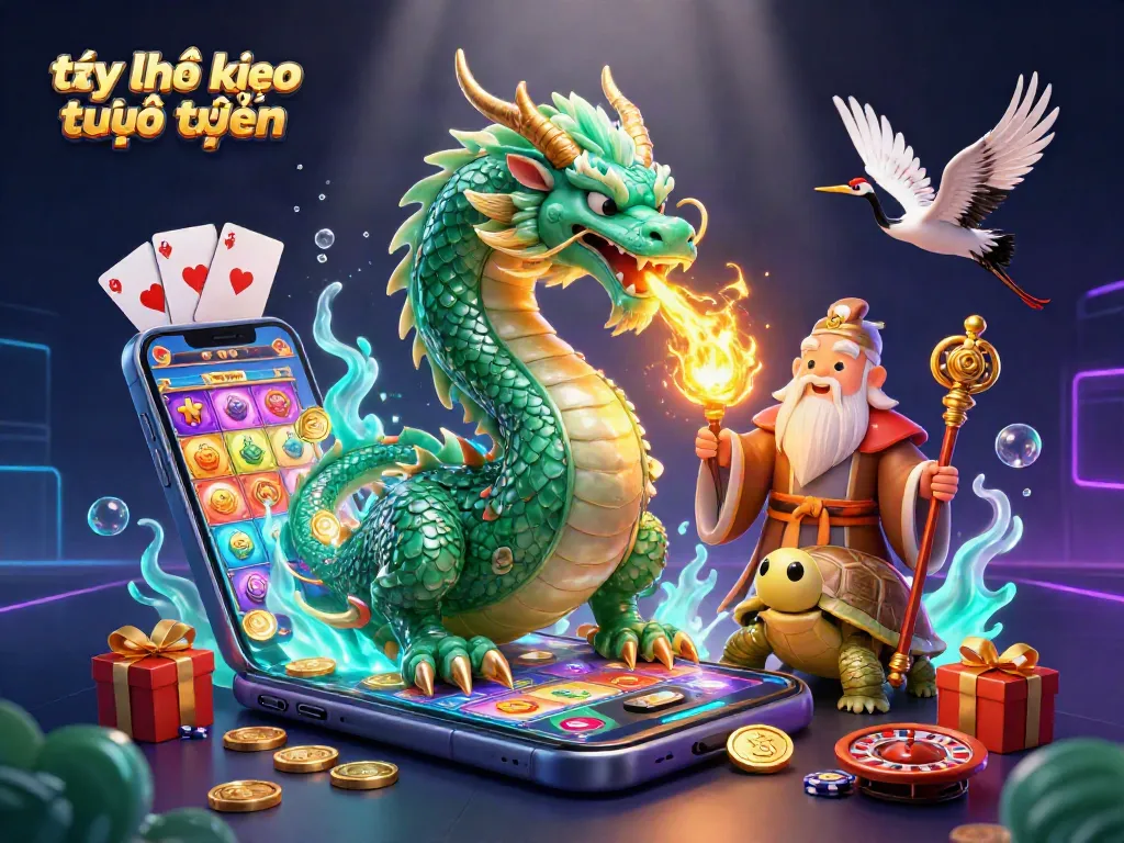 Engage with tỷ lệ kèo trực tuyến while enjoying 3D dragon, turtle, and cranes in vibrant casino scene.