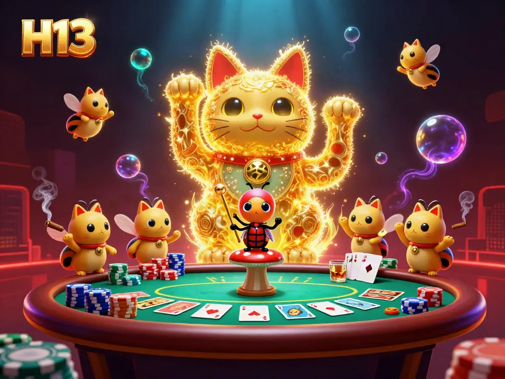 Engage with the H13 lucky cat symbolizing winning strategies in a vibrant casino scene.