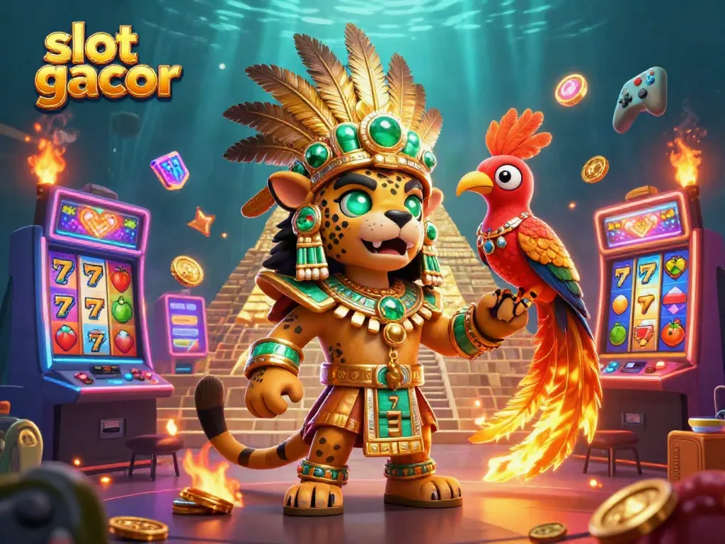 Experience the thrill of slot gacor with this captivating Mayan-themed casino illustration, featuring vibrant slot machines.