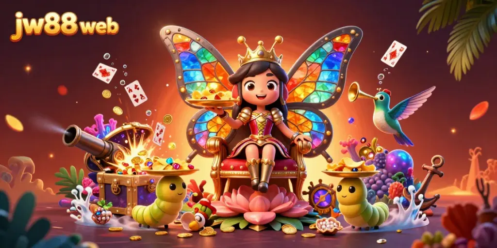 Experience the excitement of jw88 web with vibrant 3D casino characters celebrating in a colorful underwater treasure scene.