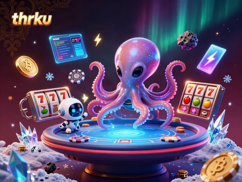 thrku showcases a vibrant alien poker scene with detailed slot elements and 3D coins.