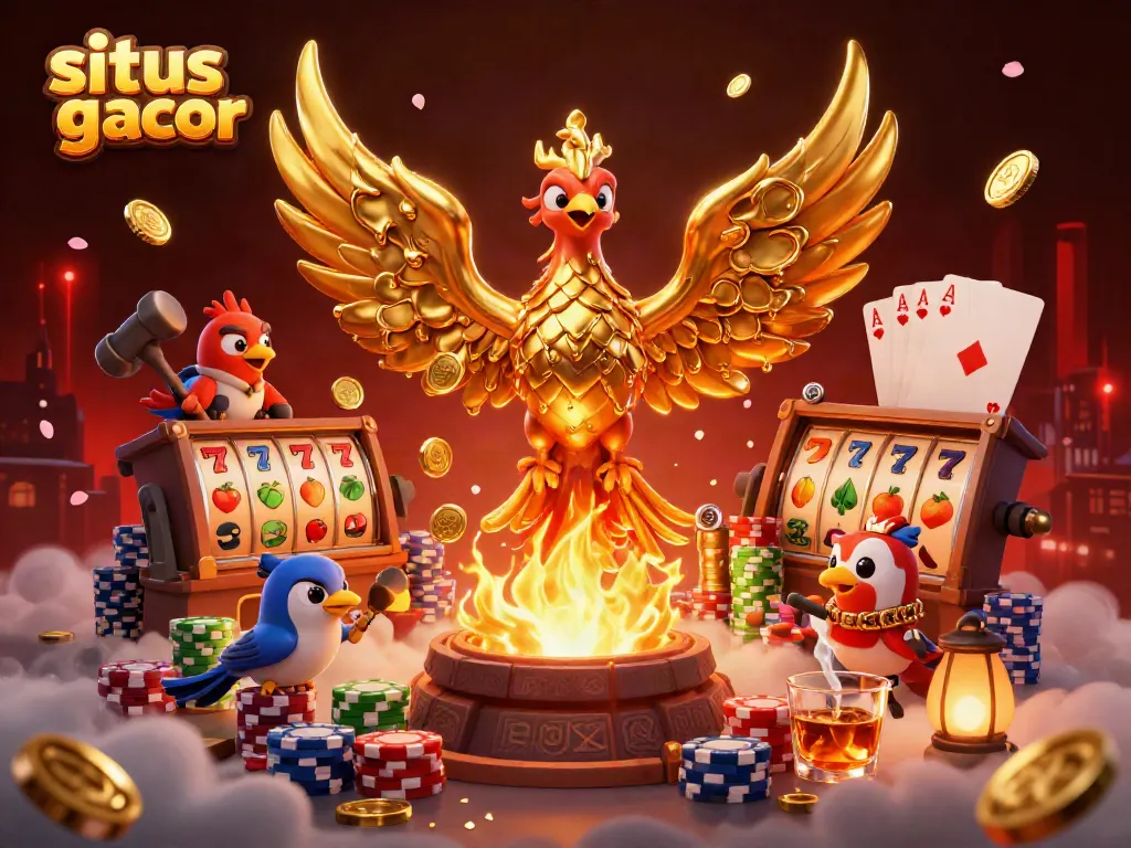 Menggali keberuntungan di situs slot gacor dengan phoenix emas yang mengeluarkan koin, slot reels, dan tumpukan chip poker.