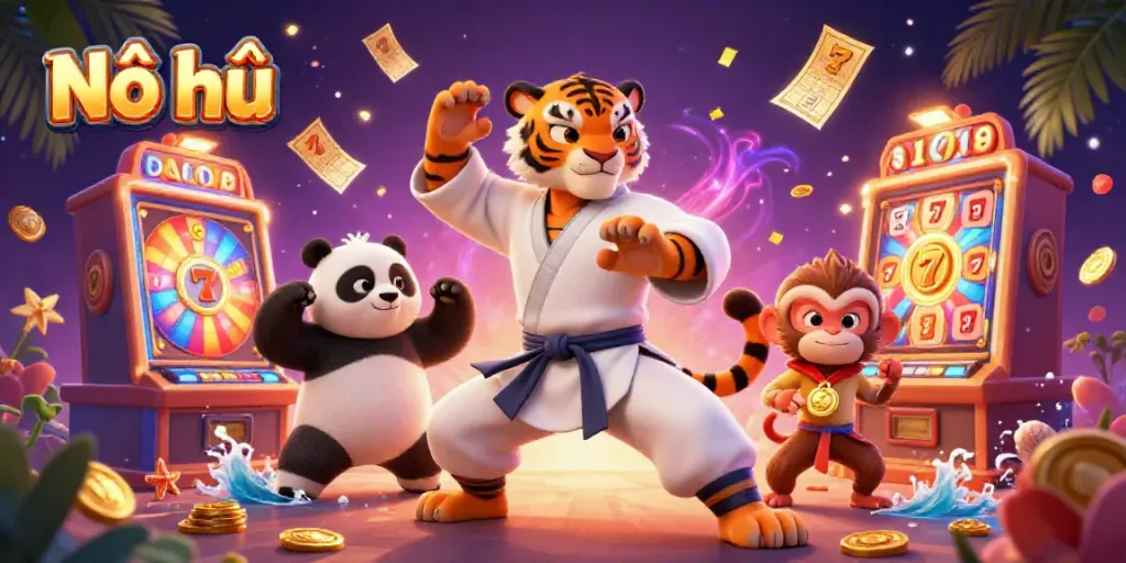 Experience the thrilling world of Nổ hũ with colorful slot elements and dynamic action in this vibrant casino scene.
