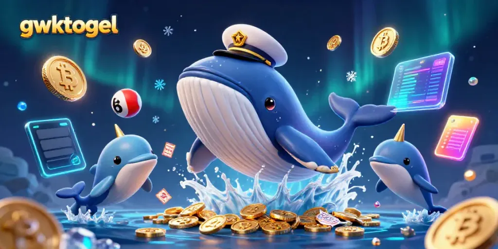 Permainan togel GWKTOGEL ditunjukkan dengan karakter ikan besar dan elemen kejutan menggunakan bola lotere yang ceria.
