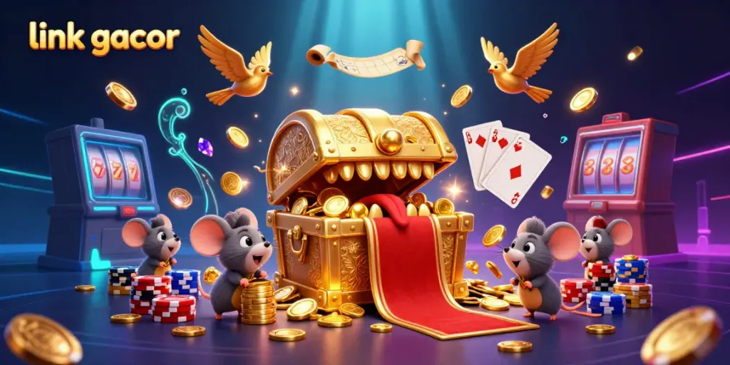 Engage with the vibrant scene of link gacor, featuring a golden treasure chest mimic luring adventurous mice with riches in a dynamic casino environment.