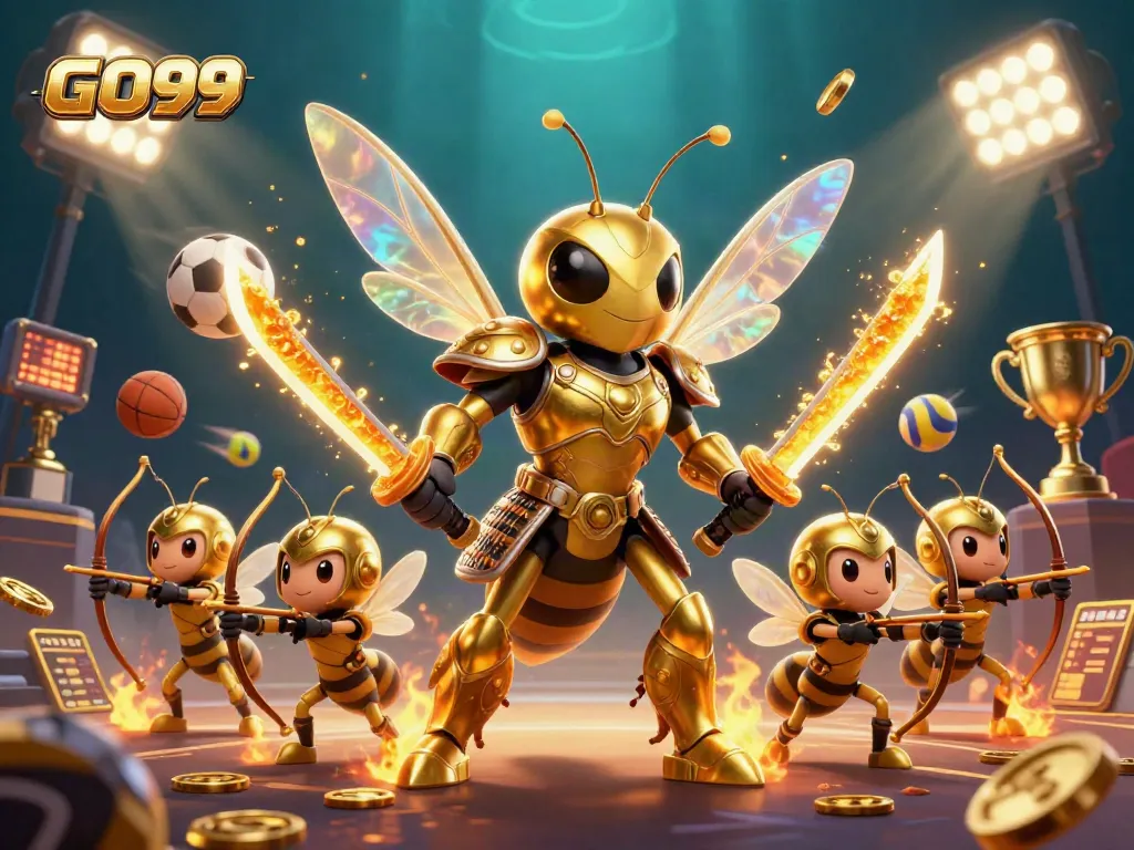 Bet on GO99 with a dynamic scene featuring a golden hornet in samurai armor and exciting sports elements.