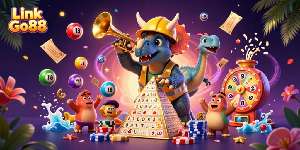 Experience thrilling jackpots with Link Go88 in this vibrant casino-themed illustration.