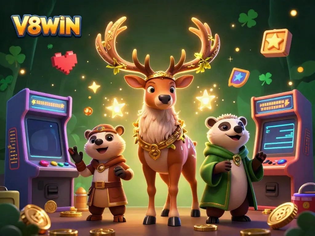 Experience thrilling gaming with V8WIN in a vibrant 3D casino illustration.