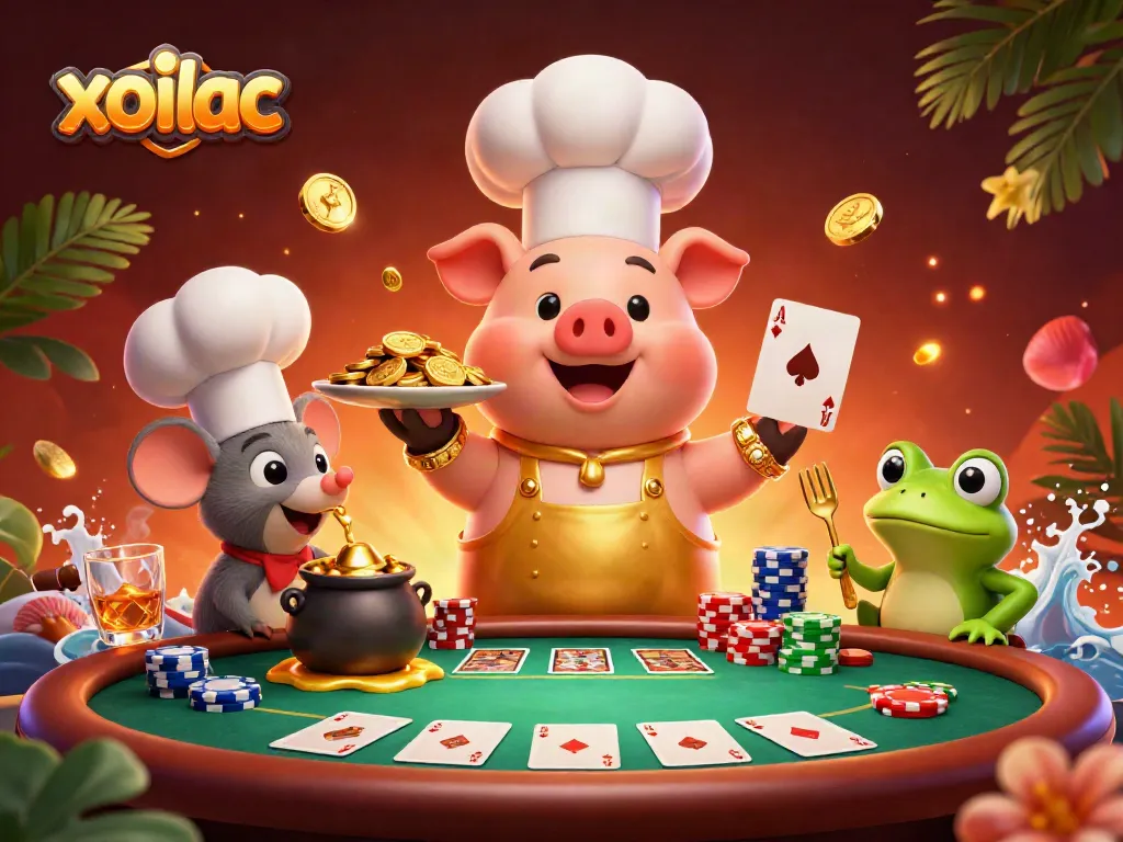 Experience the thrill of gambling with xoilac as a gourmet chef pig serves gold coins, surrounded by poker chips and cards.