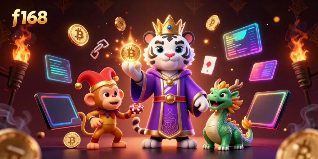 Engage with f168's vibrant casino universe featuring a royal tiger, jester monkey, and lively jade dragon.