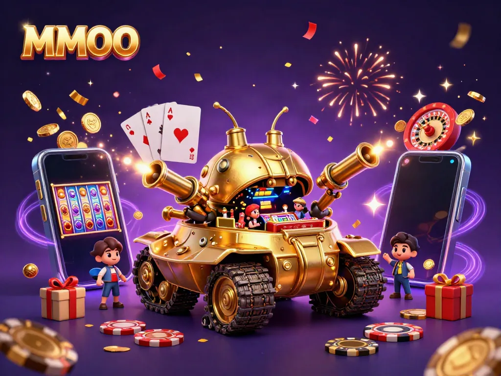 Experience thrilling gameplay with MMOO as golden beetle tank reveals a casino, surrounded by gaming excitement.