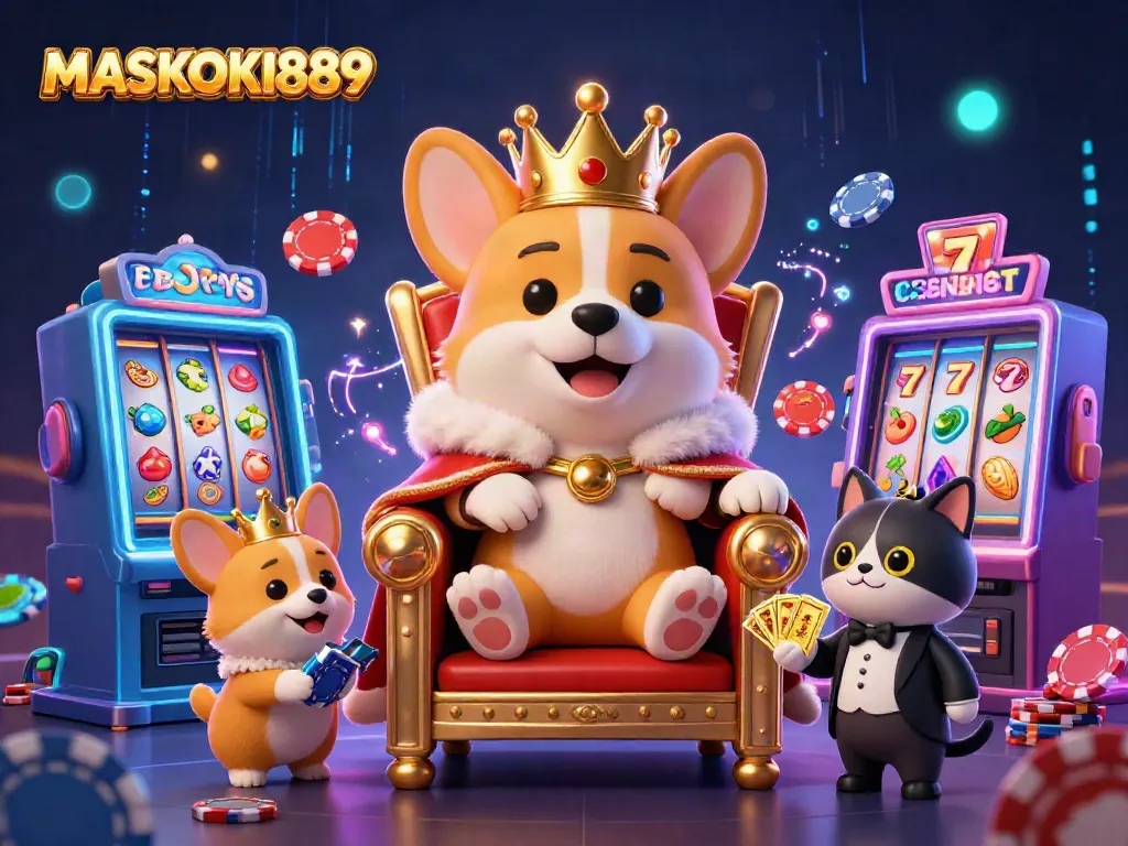 Join the royal fun at MASKOKI889 playing vibrant slots with a corgi king and friends!