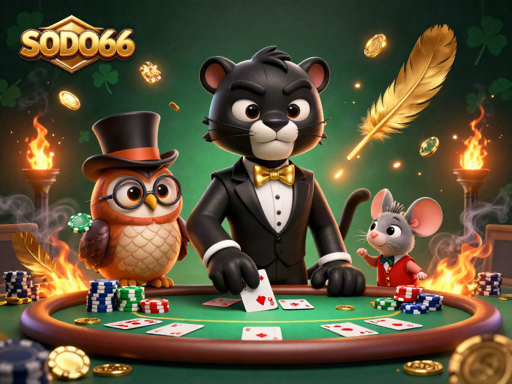 SODO66 showcases a stylish black panther dealing cards at an exciting poker table surrounded by vibrant casino elements.
