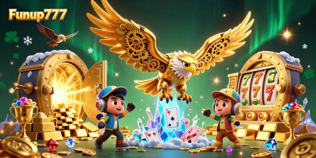 Play exciting casino games with Funup777, showcasing a dynamic illustration of a golden eagle amidst treasure and slot reels.