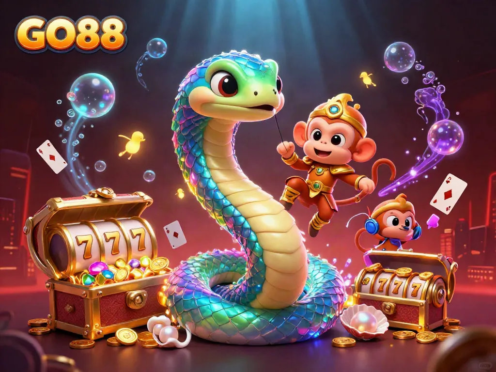 Engage with GO88 in a vibrant 3D casino scene featuring a rainbow serpent and golden monkey king.