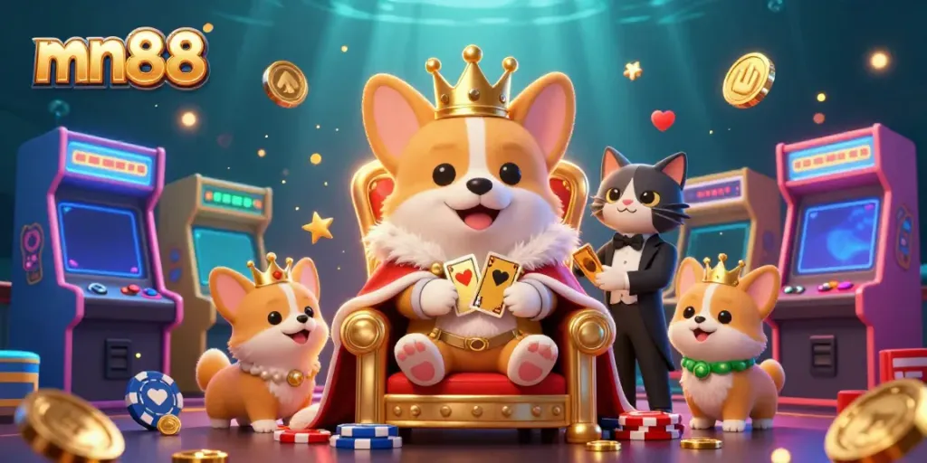 Experience the royal fun at mn88 with a regal corgi, vibrant game elements, and thrilling casino aesthetics.