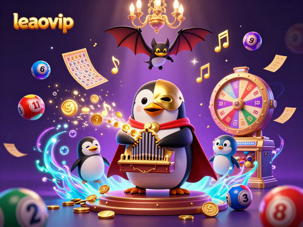 Experience the charm of leaovip with a whimsical illustration featuring a penguin playing a golden organ amidst dynamic casino elements.