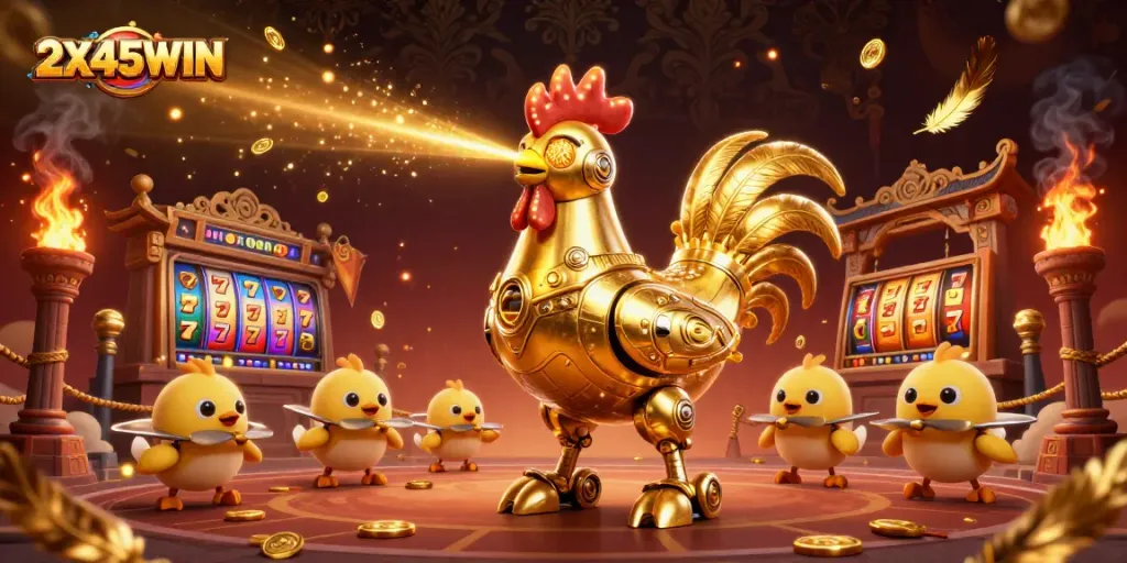 Menghasilkan peluang kemenangan pada permainan slot 2X45WIN dengan ilustrasi robot ayam dan elemen kasino menarik.