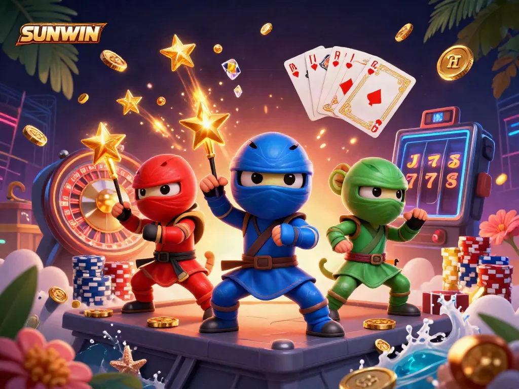SUNWIN captivates players with a dynamic scene of ninja chameleons in vibrant colors amidst casino elements.