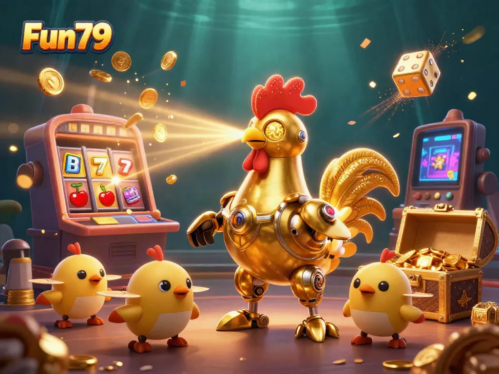 Experience Fun79's vibrant casino world with a dynamic golden rooster robot and baby chick drones amidst jackpot symbols and treasures.