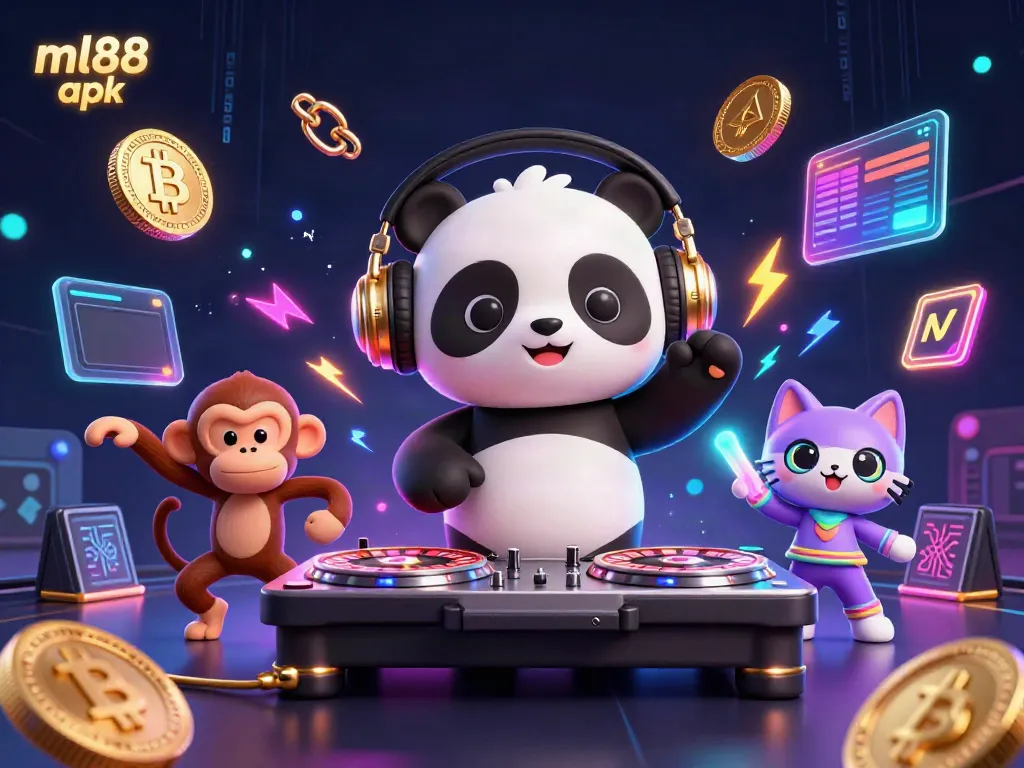 Experience the excitement of ml88 apk with a vibrant 3D illustration featuring a DJ panda and casino elements.