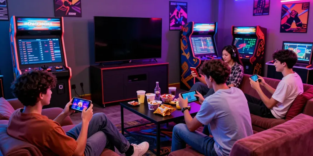 Friends enjoying the Yono Arcade app in a vibrant gaming lounge.