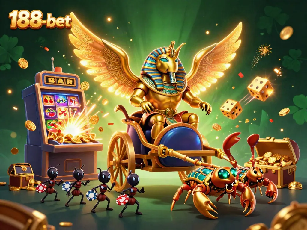 Experience vivid gaming action at 188-bet with a colorful 3D casino illustration showcasing exciting slot features.