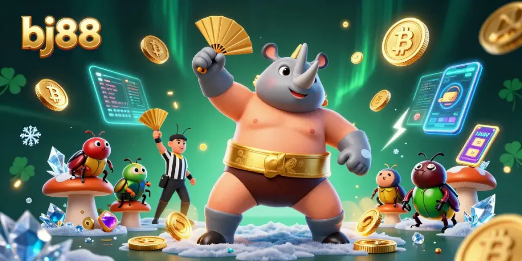 Bets soar at bj88 as a rhinoceros beetle sumo champion stomps golden coins, surrounded by crypto elements.