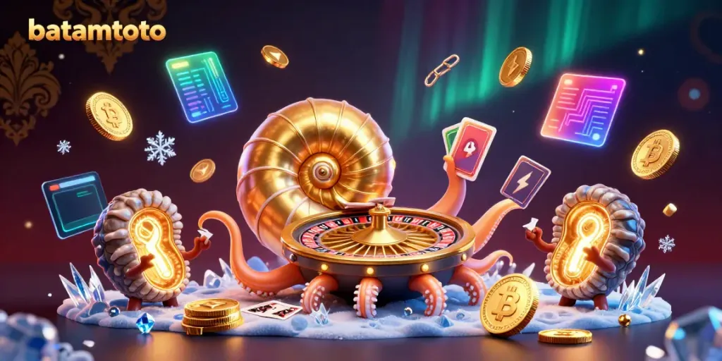 Experience batamtoto fortune with a vibrant 3D illustration of a giant nautilus and crypto coins.