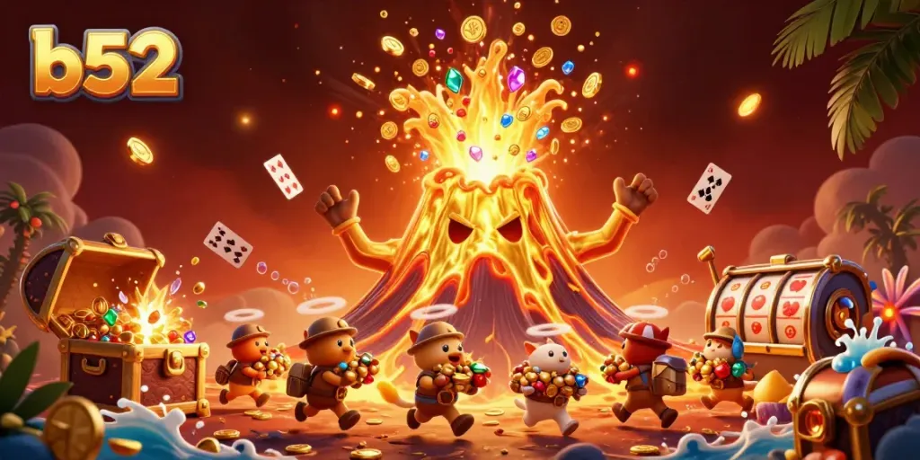 Experience the thrill of b52 as the golden volcano erupts treasures in this vibrant gambling scene.
