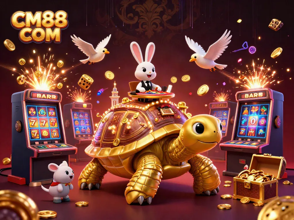 Experience exciting gaming with CM88 COM in this vibrant illustration of a golden tortoise casino.