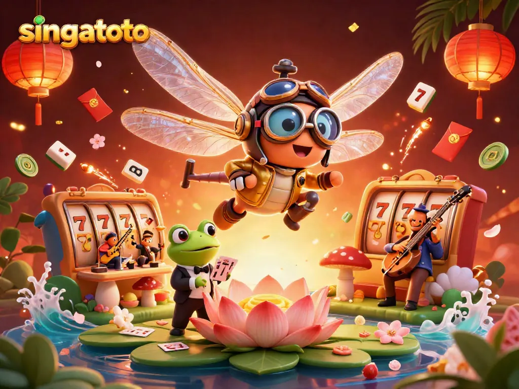 Engaging scene of singatoto featuring a dragonfly pilot, frog croupier, and jazz musicians in a vibrant online casino setting.