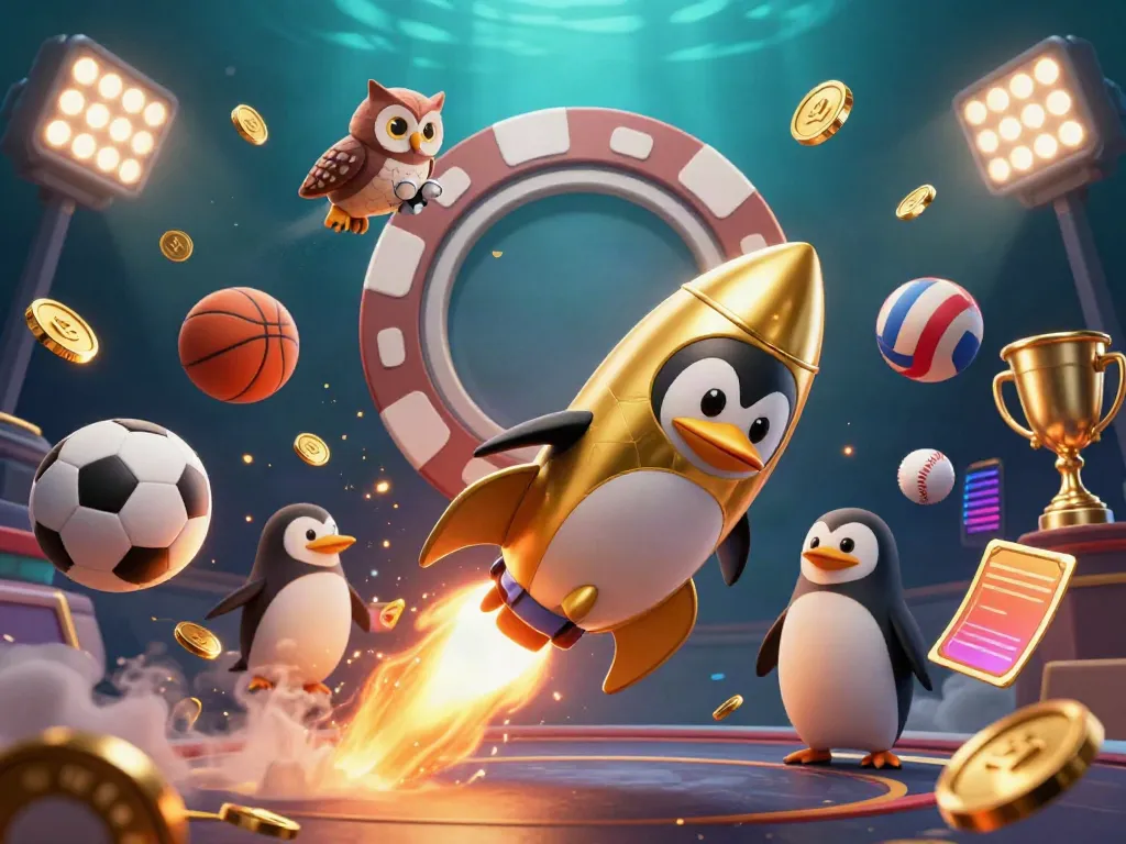 Situs toto presents a thrilling scene with a golden penguin and dynamic sports symbols, elevating online gaming excitement.