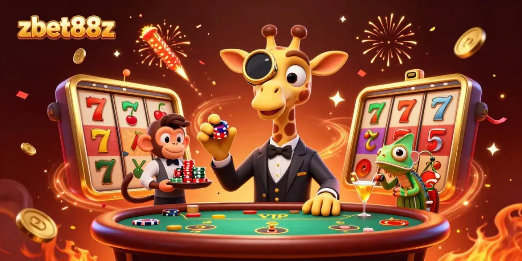 Experience thrilling gameplay with zbet88z, featuring colorful slot reels and vibrant casino characters.