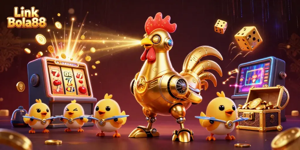 Experience excitement with Link Bola88 as a golden rooster robot and baby chick drones celebrate a casino jackpot.