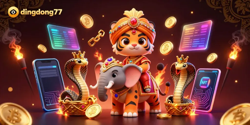 Experience thrilling wins with dingdong77's vibrant casino illustration showcasing exotic characters and crypto elements.