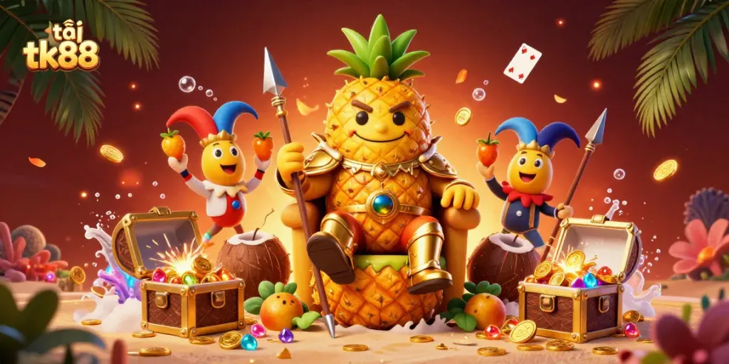 Play and win at tải tk88 in this vibrant casino scene with animated characters and colorful treasure.