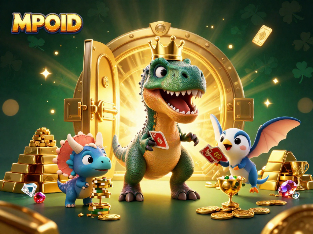 Experience the thrill of MPOID as a T-Rex shuffles cards while a triceratops stacks chips amid golden treasures.
