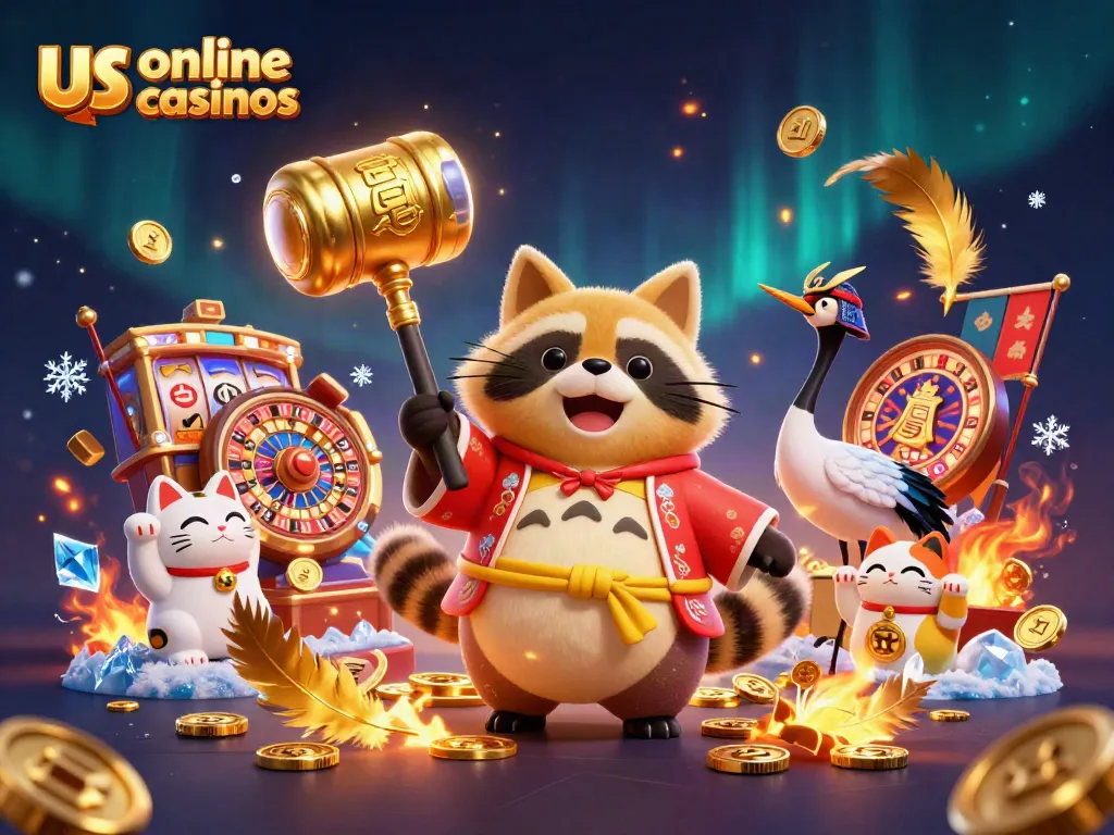 Celebrate winnings with the cheerful tanuki at us online casinos, surrounded by vibrant gaming elements.