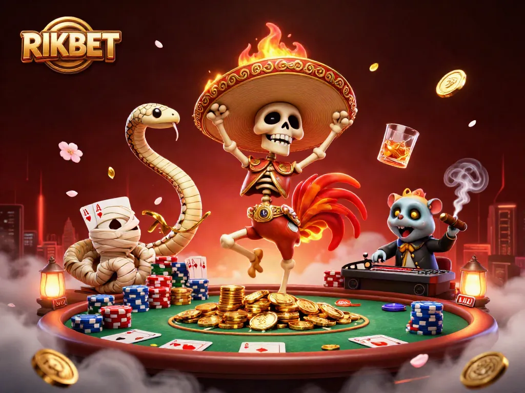 Experience the thrill of RIKBET with vibrant 3D characters celebrating on a casino floor, surrounded by game elements.