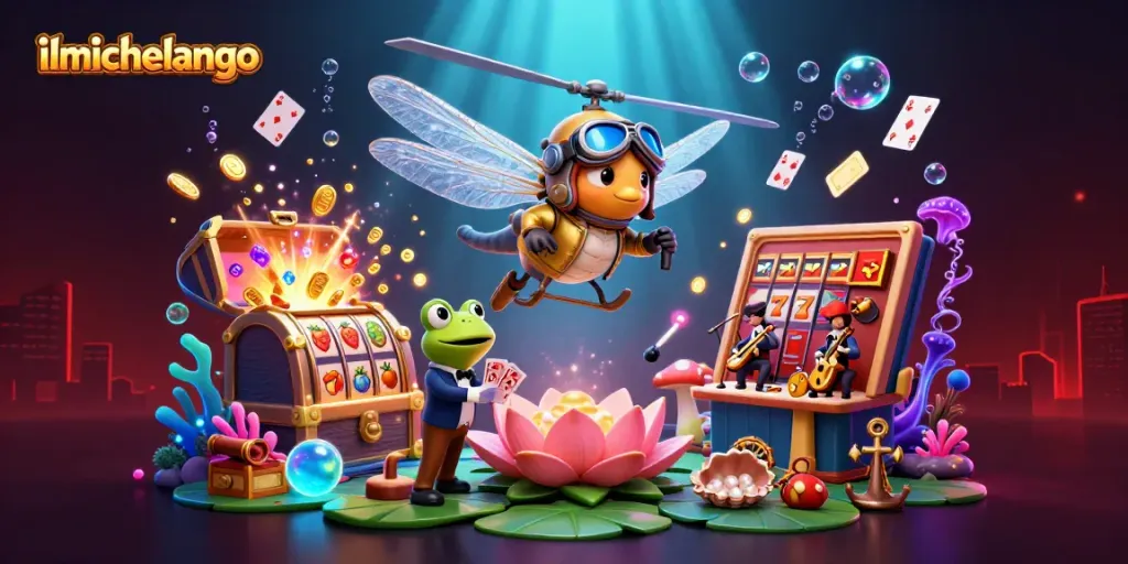 Experience dynamic gaming action with ilmichelangelo's vibrant casino scene featuring a dragonfly pilot and card-dealing frog.