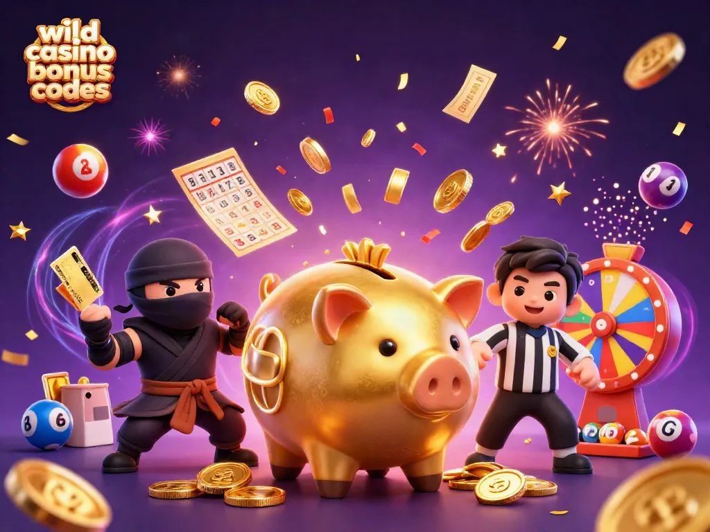 Engage with wild casino bonus codes while witnessing a golden piggy bank sumo wrestler and vibrant game elements.