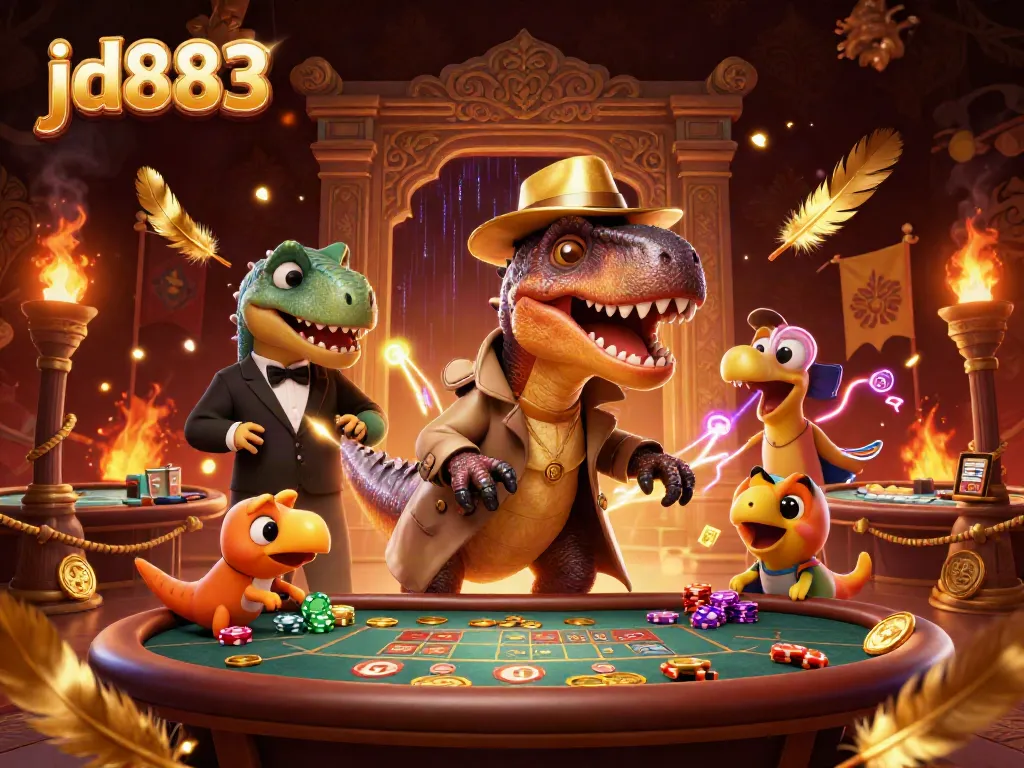 Engaging illustration of a velociraptor card counter at a jd883 blackjack table with a stegosaurus pit boss and a compy pickpocket.