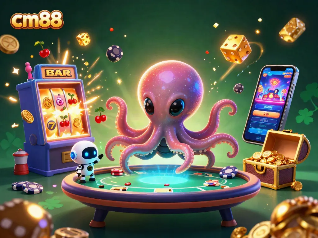 Experience casino thrills with cm88 as a vibrant alien octopus and robot spin the luck at a holographic poker table.